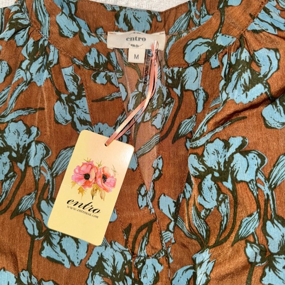 ENTRO Dress Babydoll Brown Blue Ditsy Floral Size Medium -New- - Picture 16 of 16